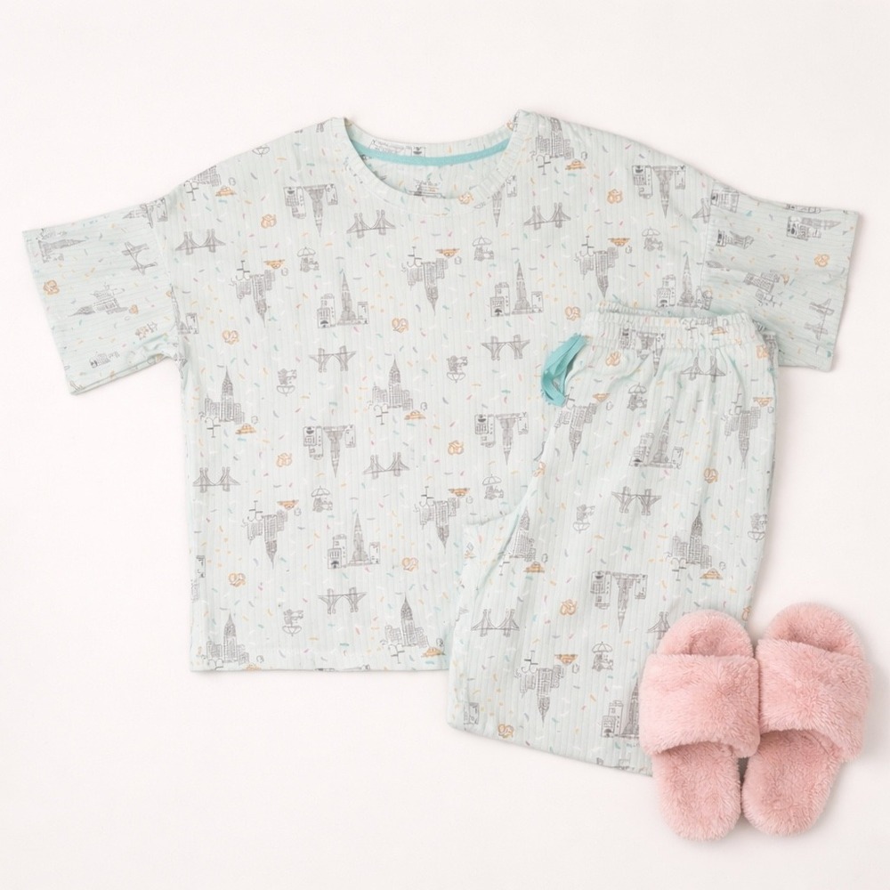 Cuddl Duds Super‎ Soft & Cozy Cityscape 2 Piece Pajamas (LG) Pants Tee Summer